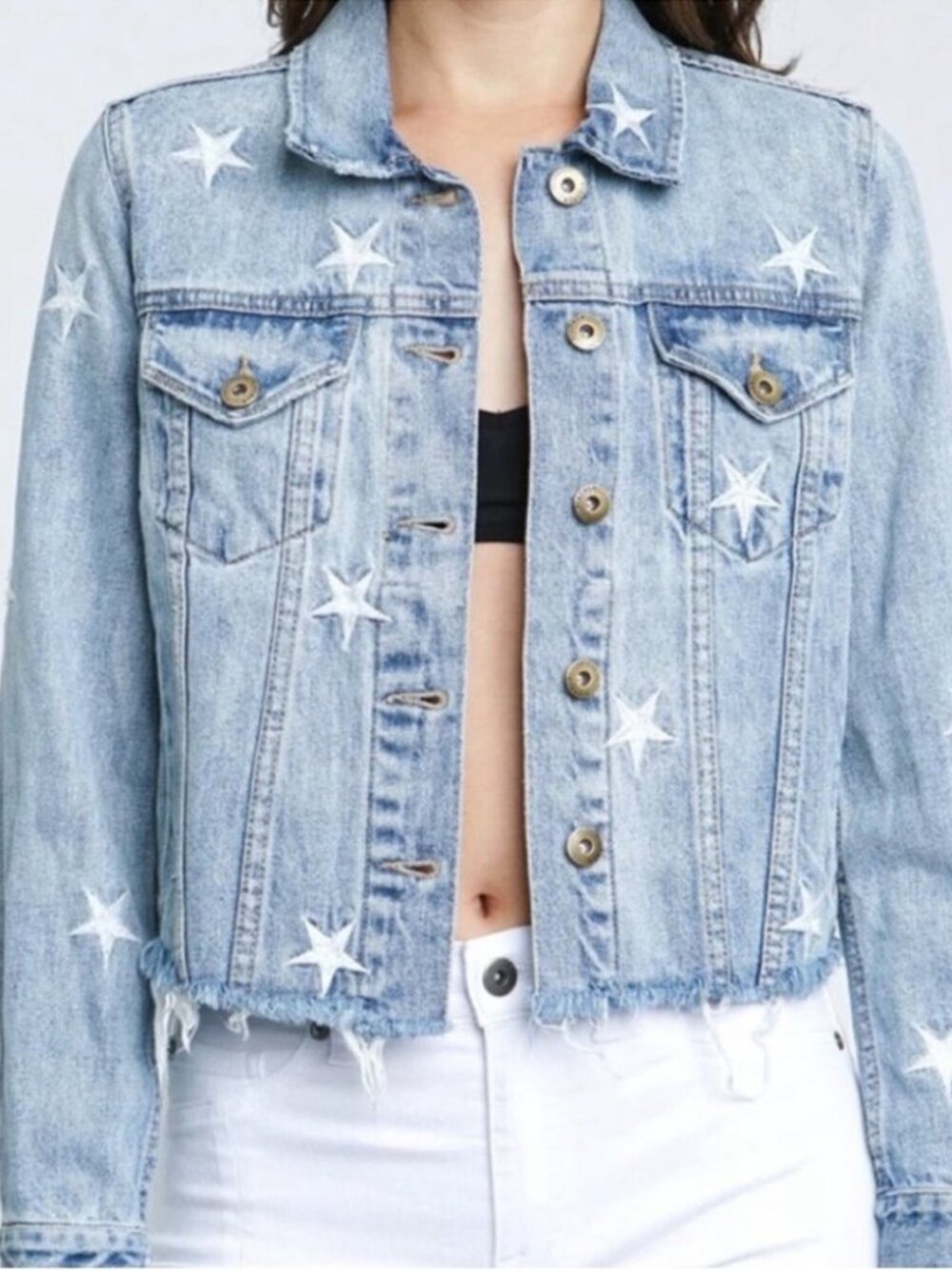 Pistola Brando Star Embroidered Jean Jacket Size M Light Wash Denim Raw Hem